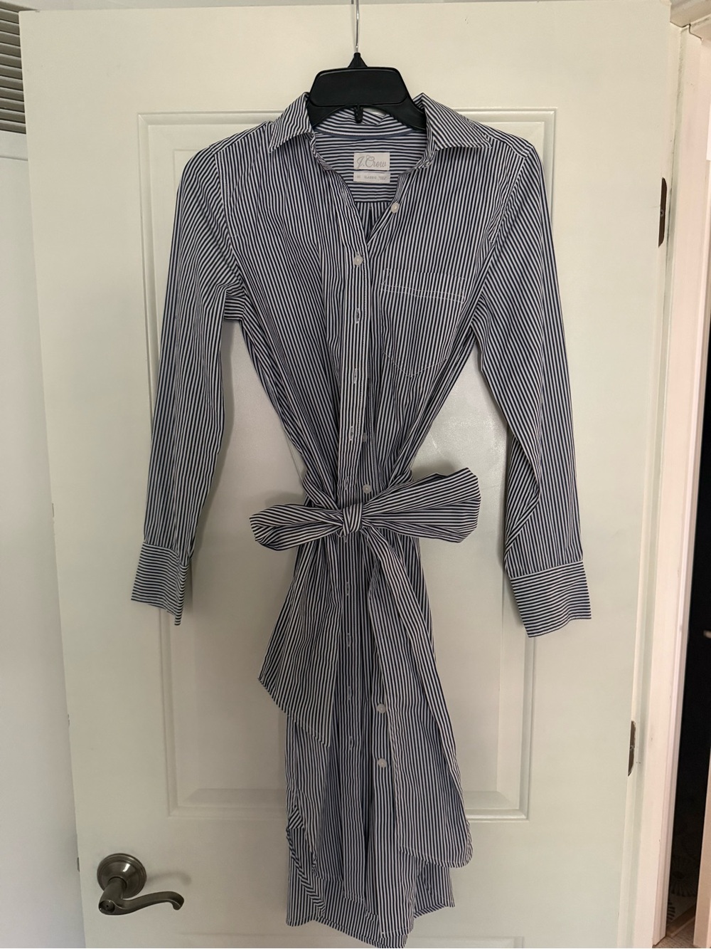 J. Crew Blue and White Striped Tie-Waist Midi Shirt Dress